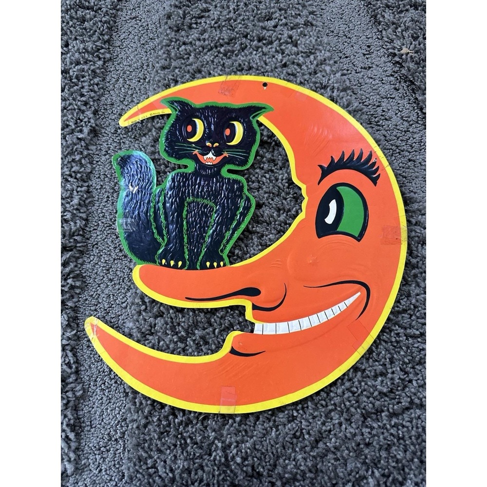 Vintage Halloween Die Cut BEISTLE Decoration Smiling Moon & Black Cat USA